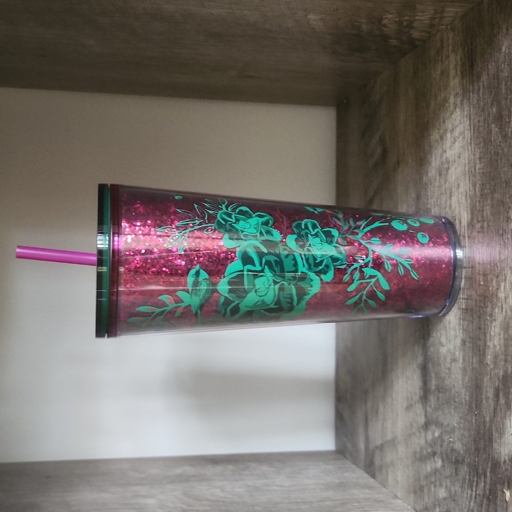 Starbucks Christmas Flowers Glitter Tumbler NWT
